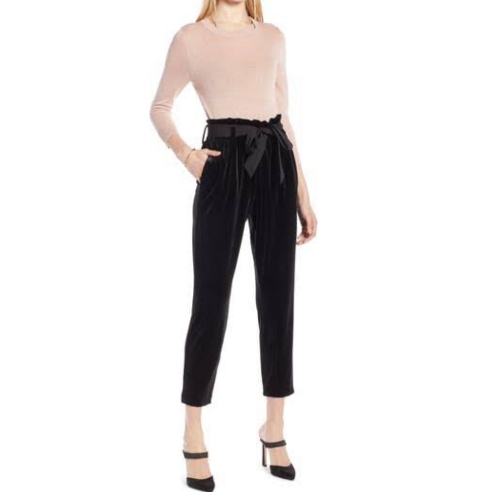 Halogen Black Velvet Petite Wide Leg Paper Bag Pants